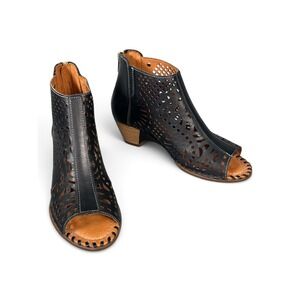 Pikolinos Black Leather Perforated Peep Toe Ankle Boots Back Zip Size 37